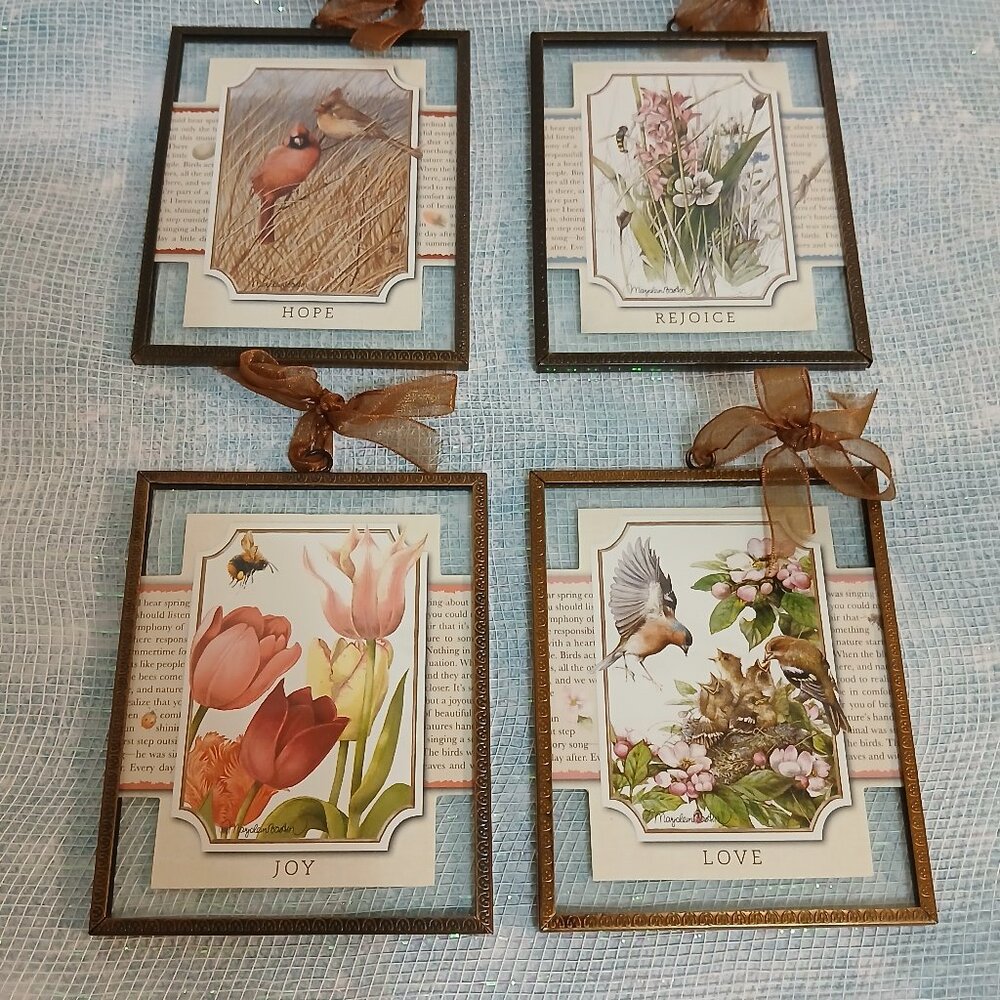 Set of 4 Glass Plate Inspirational Plaques-Flowers & Birds
